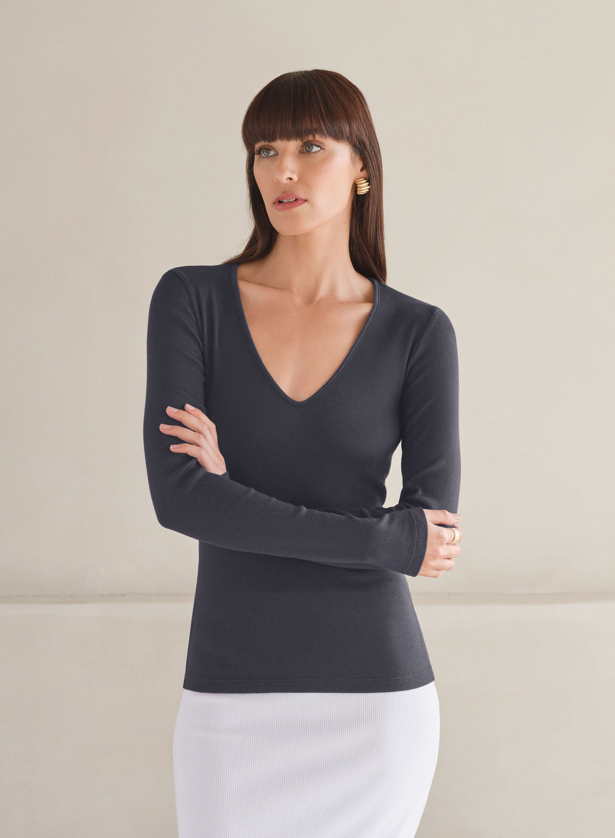 MiniRib V-Neck Long Sleeve Tee | Midnight Air
