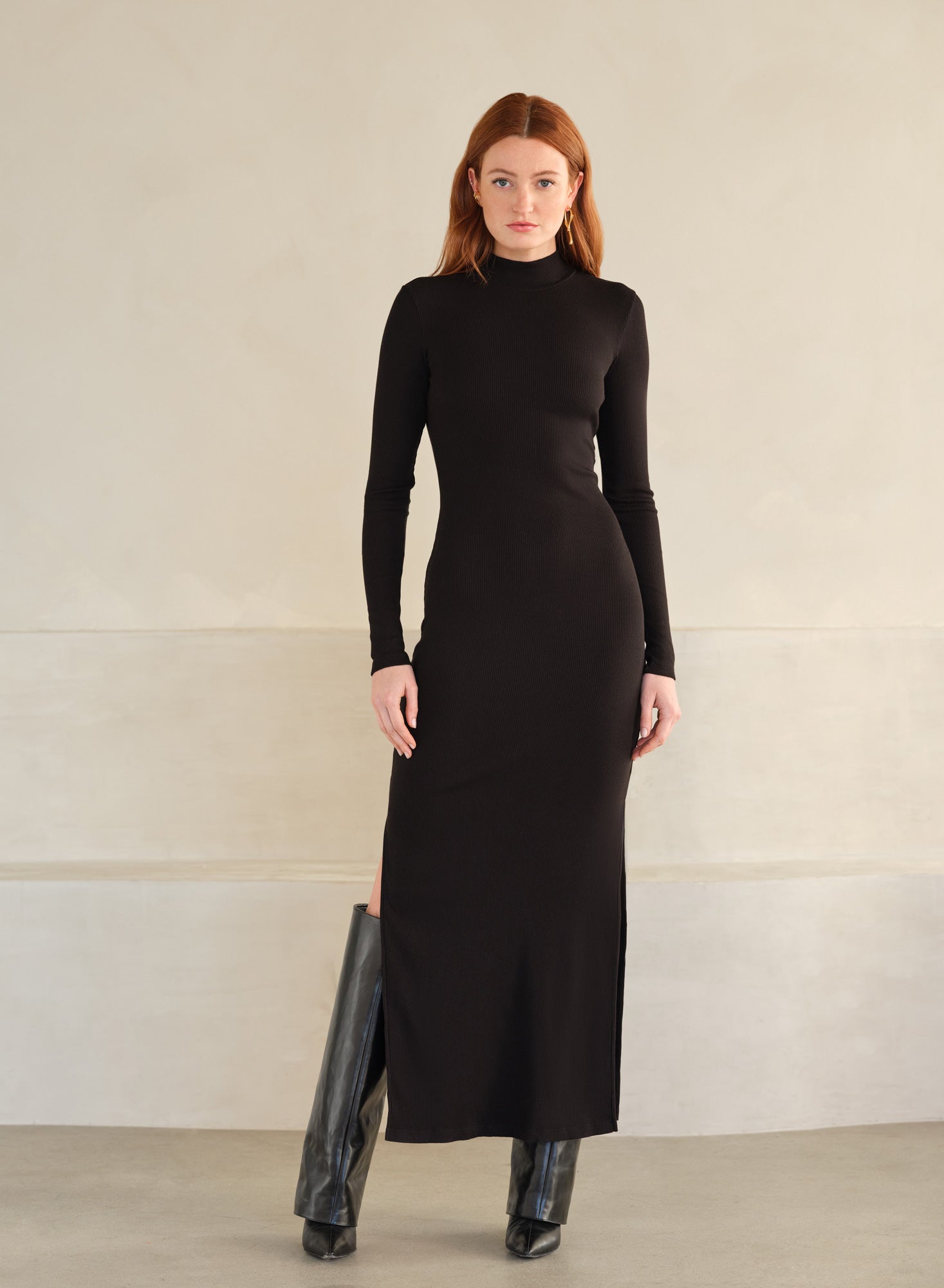 LuxRib Mock Neck Dress | Black