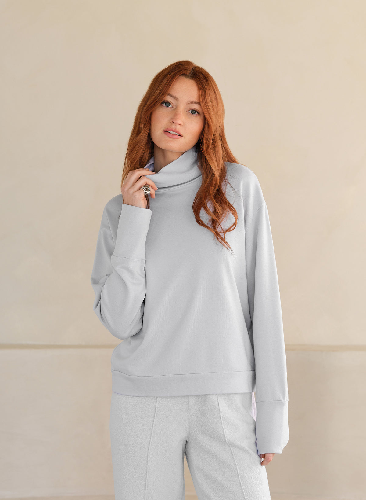 Funnel Neck LuxTerry Top | Pearl Fog