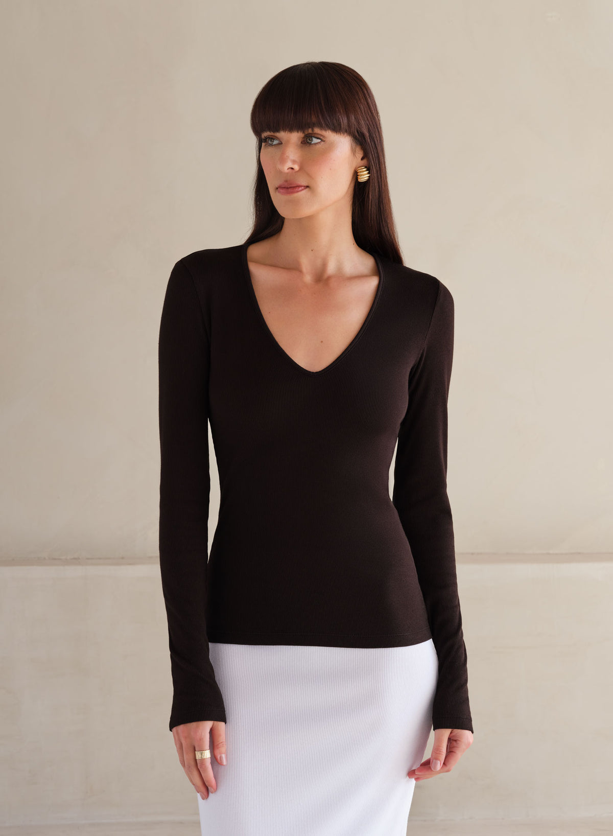 MiniRib V-Neck Long Sleeve Tee | Black